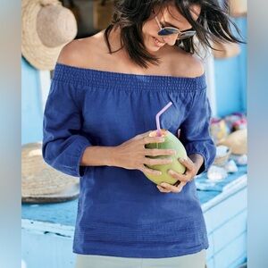 Boden 100% Linen Henrietta Blue Elastic Shoulder Pintuck Blouse